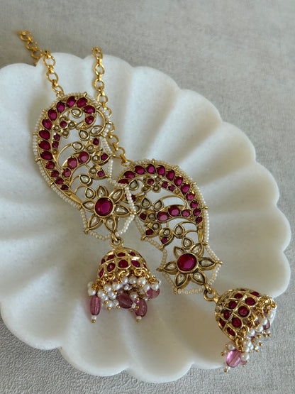 Ayura Designs Urisha Ear Climber Jhumkis – Ruby Pink, Kundan & Pearl Detailing
