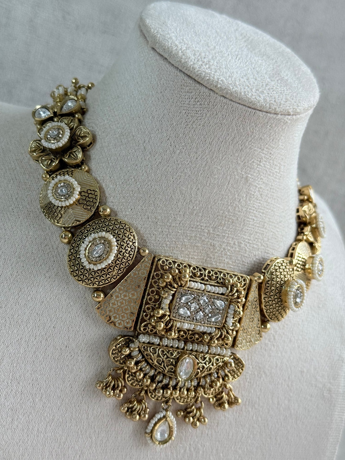 Ayura Designs Purvi Set – Necklace & Earrings with Antique Gold Filigree, Ivory & Pearl Detailing