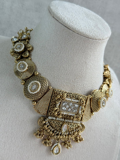Ayura Designs Purvi Set – Necklace & Earrings with Antique Gold Filigree, Ivory & Pearl Detailing
