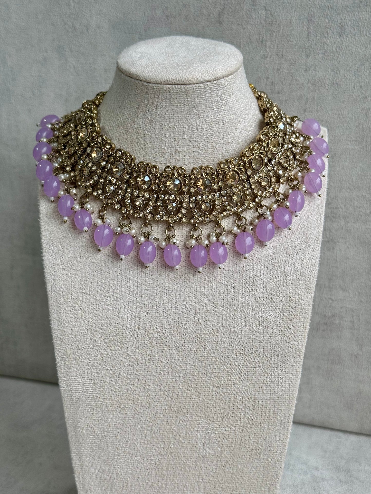 Ayura Designs Siya Set with Jhumkis & Tikka – Champagne-Toned Beauty with Lilac Beads