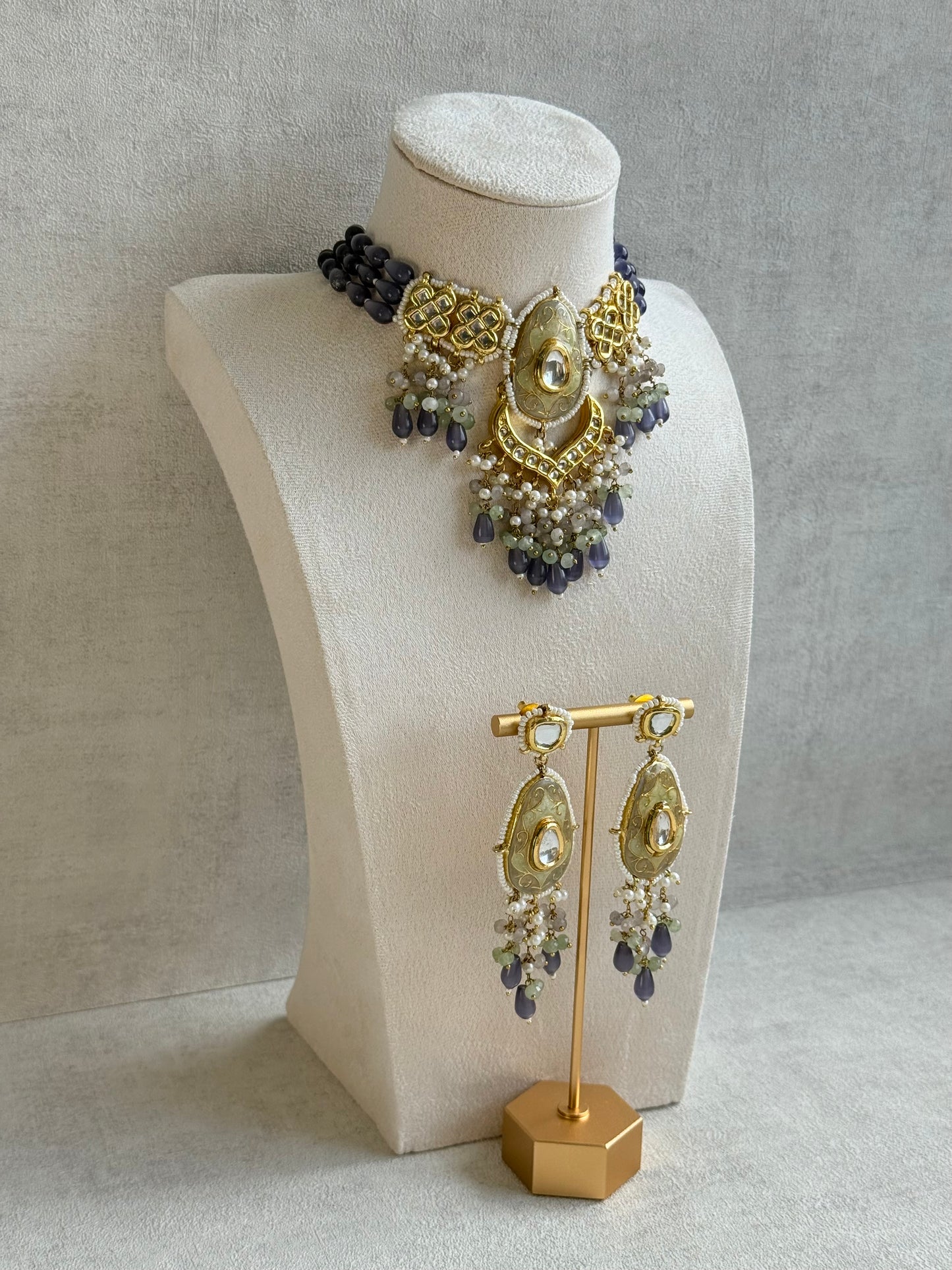 Ayura Designs Zarwali Meenakari Kundan Choker Set with Earrings – Dusty Lavender & Pearl Bead Detailing