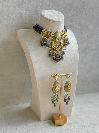 Ayura Designs Zarwali Meenakari Kundan Choker Set with Earrings – Dusty Lavender & Pearl Bead Detailing