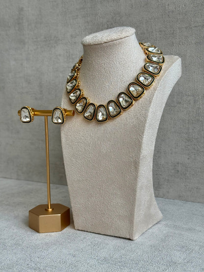 Ayura Designs Luna Set with Stud Earrings – Kundan-Style Mirror-Cut Stones & Antique Gold Finish