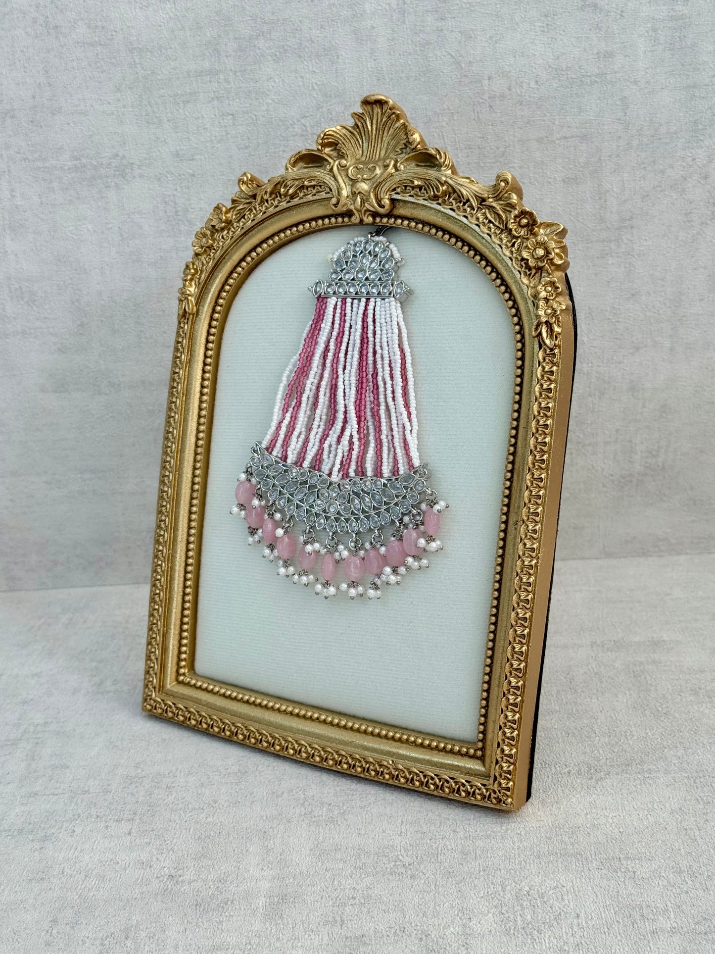 Ayura Designs Ash Jhoomar Passa – Blush Pink Beads with Mirror Cut Stones & Silver Finish