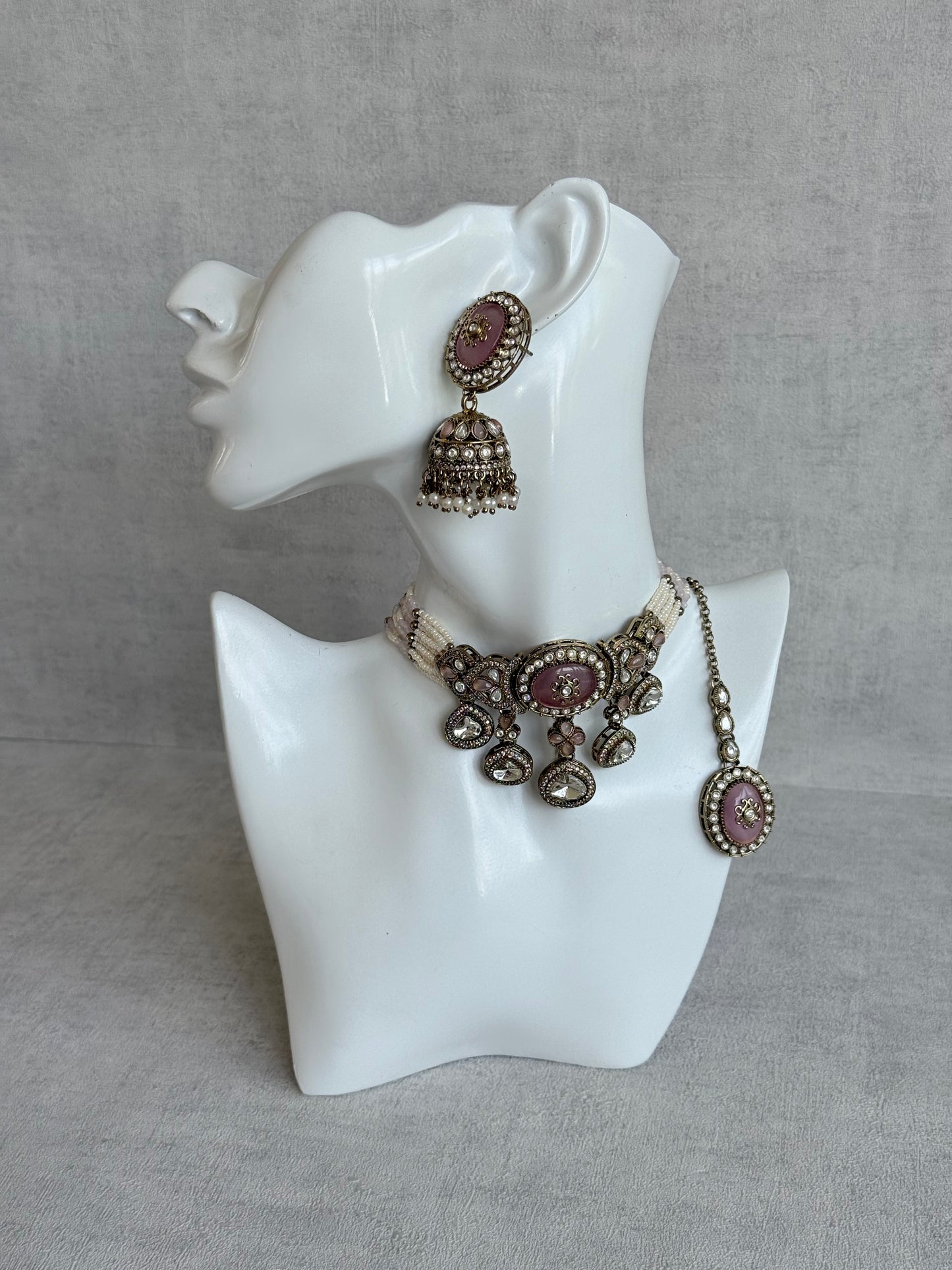 Ayura Designs Myra Choker Set with Earrings & Tikka – Blush Pink Kundan & Pearl Detailing