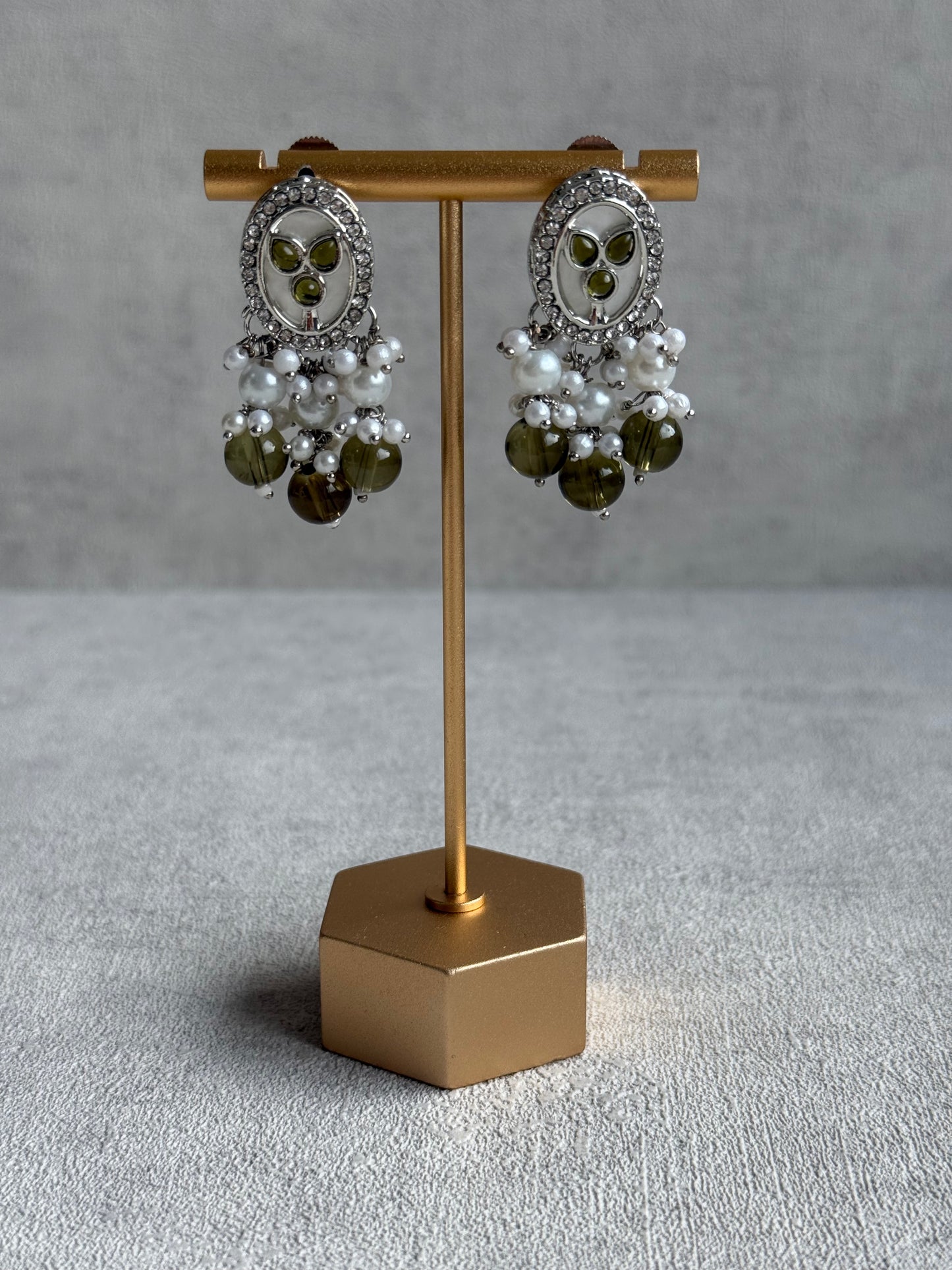 Ayura Designs Linza Set – Necklace, Earrings & Tikka in Olive Green & Pearl with Silver Finish