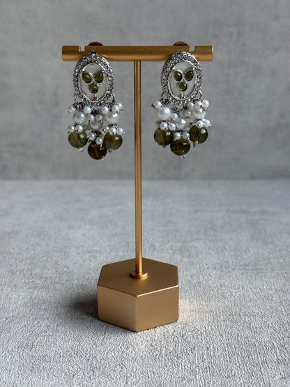 Ayura Designs Linza Set – Necklace, Earrings & Tikka in Olive Green & Pearl with Silver Finish