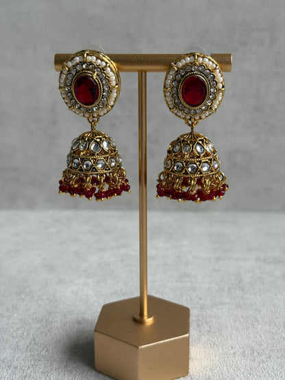 Ayura Designs Muskaan Set – Choker, Jhumkis & Tikka with Ruby Red Beads, Kundan Stones & Antique Gold Finish