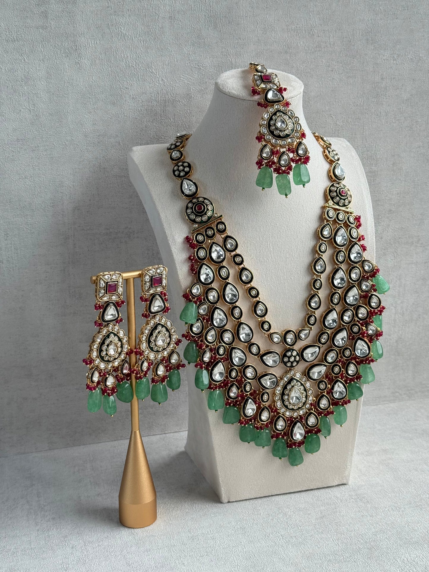 Ayura Designs Zahira Bridal Set with Necklace, Earrings & Tikka – Kundan Detailing with Green Enamel, Pink Stones & Jade Green Beads