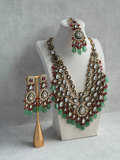 Ayura Designs Zahira Bridal Set with Necklace, Earrings & Tikka – Kundan Detailing with Green Enamel, Pink Stones & Jade Green Beads