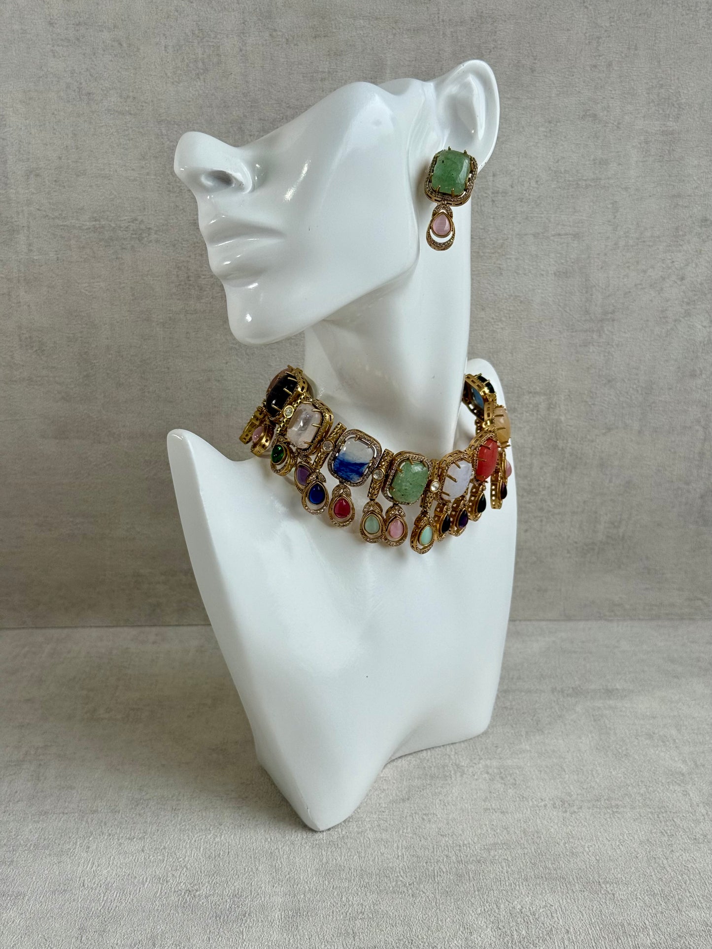 Ayura Designs Adelaide Necklace Set with Earrings – Multicolour Moissanite with Green Stone Drop Earrings