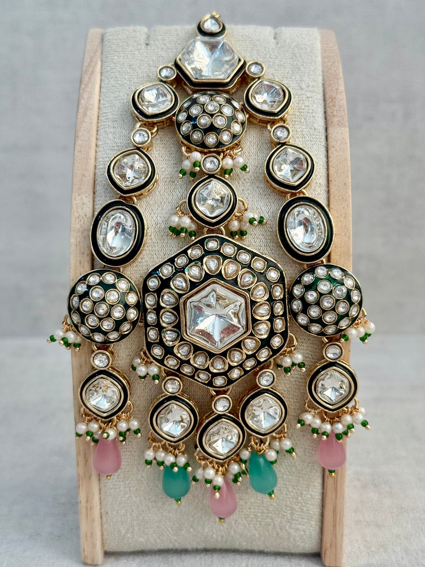 Ayura Designs Visha Jhoomar Passa – Polki Kundan with Blush Pink & Aqua Blue Drops and Pearl Detailing