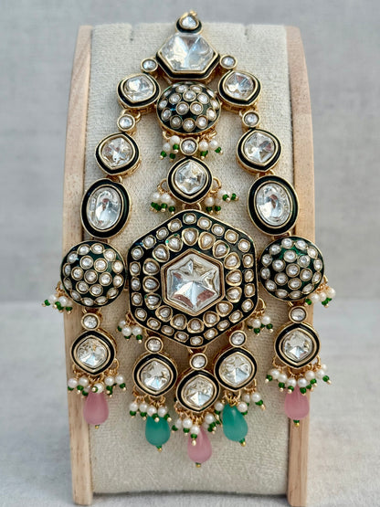 Ayura Designs Visha Jhoomar Passa – Polki Kundan with Blush Pink & Aqua Blue Drops and Pearl Detailing