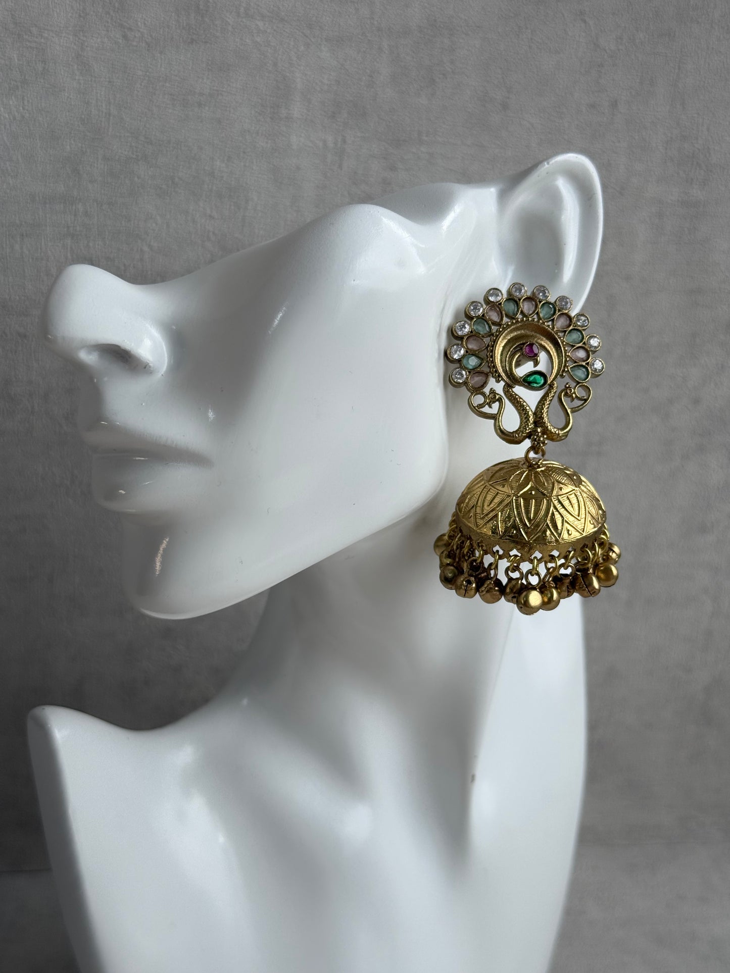 Ayura Designs Moraya Jhumkis – Mint Green & Blush Pink Peacock Motif with Antique Gold Detailing