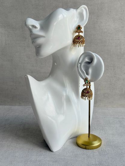 Ayura Designs Ehla Jhumkis – Gold Peacock Design with Green & Ruby Pink Stones, Crystals & Pearl Drops