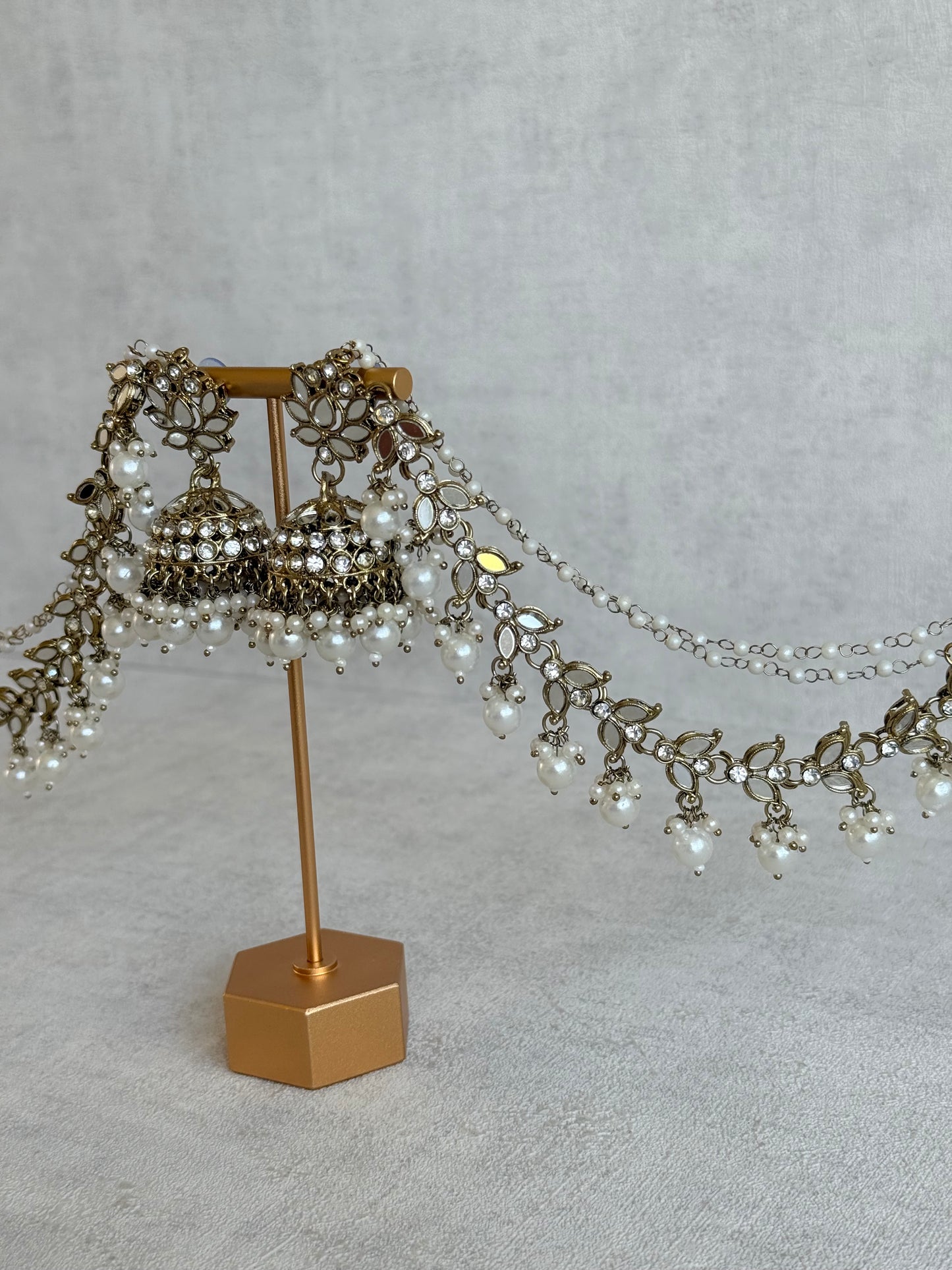 Ayura Designs Sheesh Jhumkis with Sahare – Mirror Kundan Pearl Jhumkis