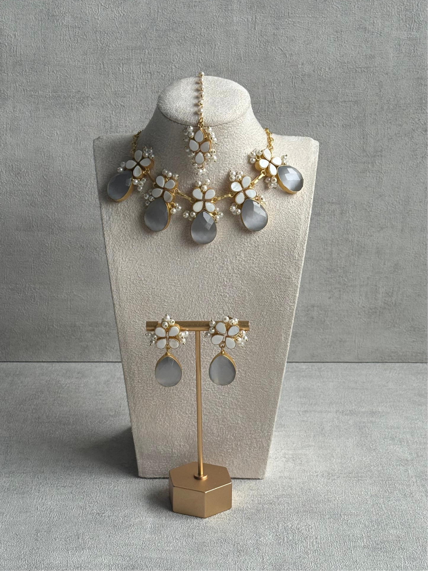 Ayura Designs Arianell Set with Necklace, Earrings & Tikka – Moonstone Grey Drops, Floral Motifs & Pearls