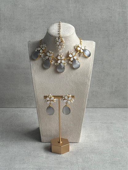 Ayura Designs Arianell Set with Necklace, Earrings & Tikka – Moonstone Grey Drops, Floral Motifs & Pearls