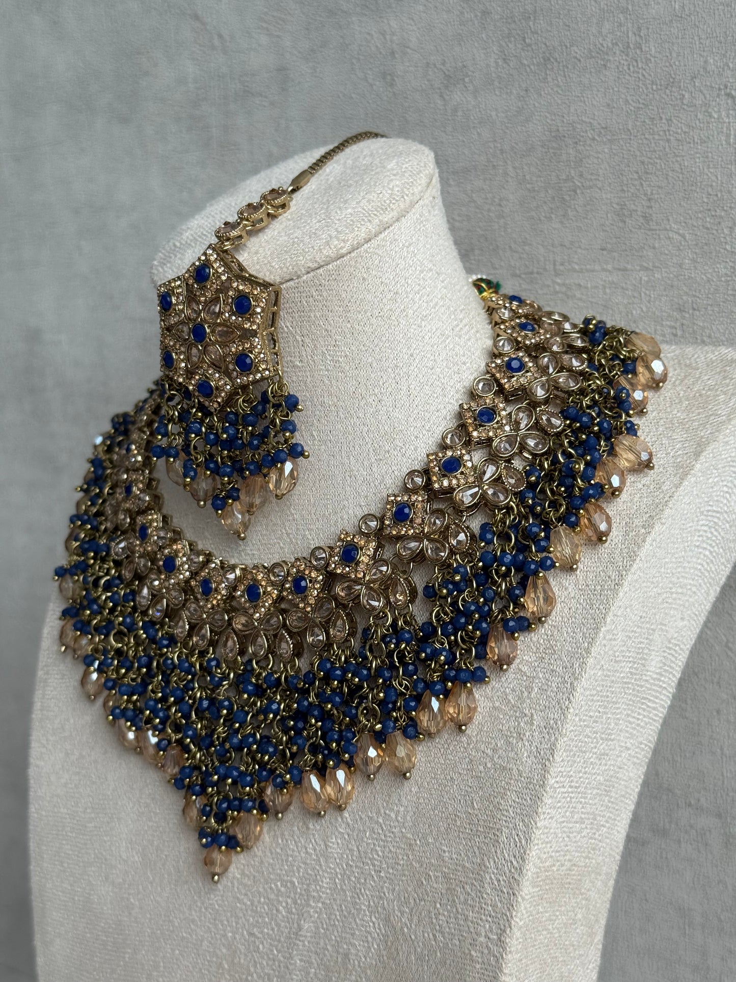 Ayura Designs Rayna Set with Necklace & Tikka – Champagne Crystals, Ink Blue Beads & Antique Gold Finish