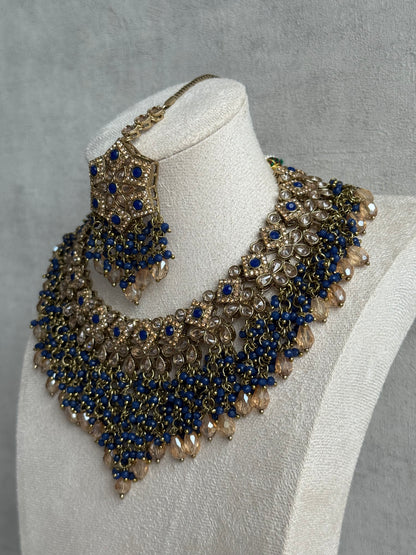 Ayura Designs Rayna Set with Necklace & Tikka – Champagne Crystals, Ink Blue Beads & Antique Gold Finish