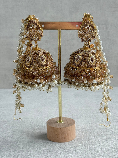 Ayura Designs Safia Tikka Set with Sahare Earrings – Champagne Gold Beads & Pearls