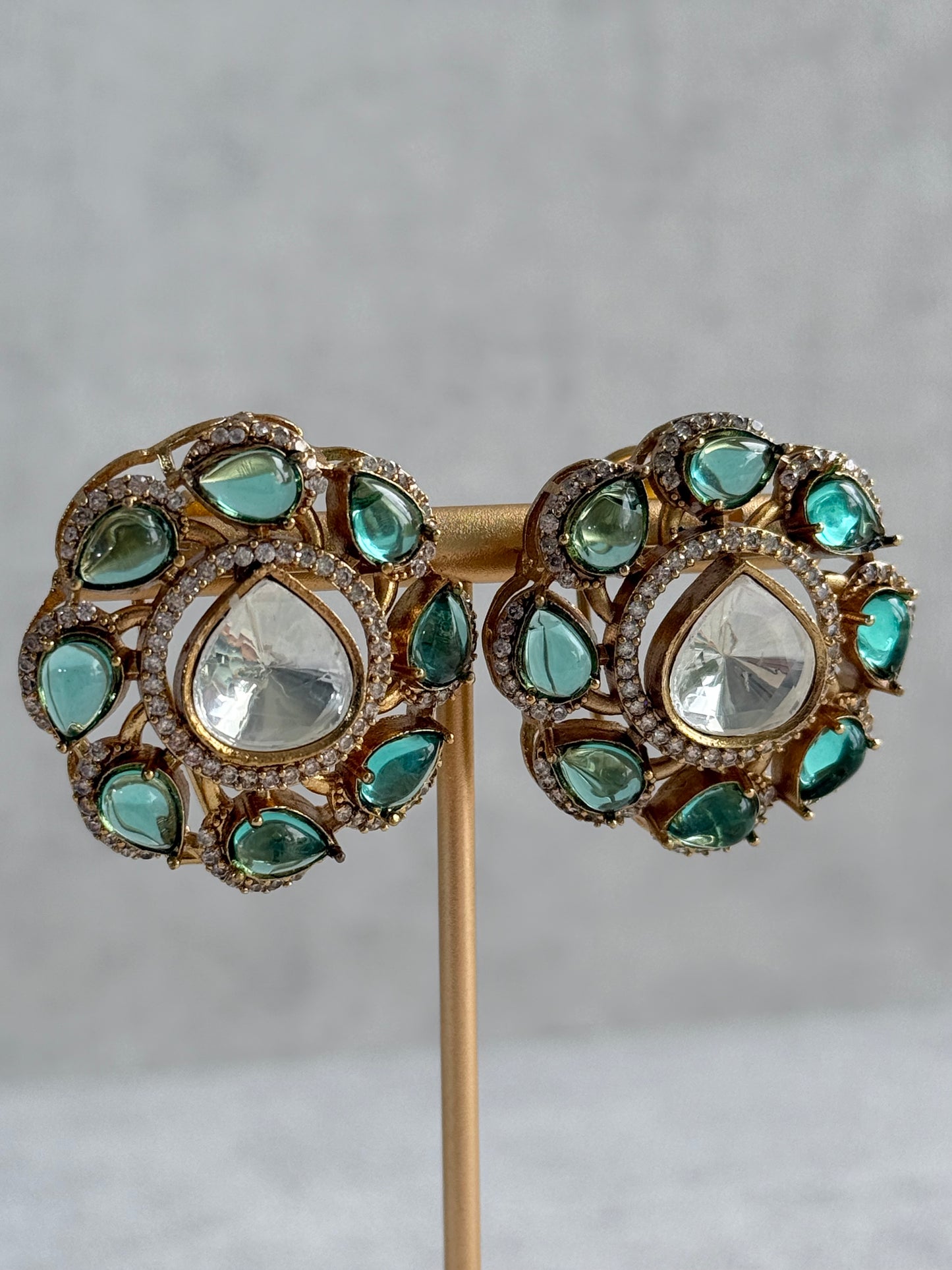 Ayura Designs Giana Stud Earrings – Aqua Green & Crystal Kundan with Gold Finish