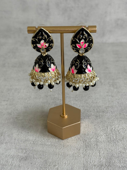 Ayura Designs Gia Jhumkis – Midnight Black Meenakari with Pink Lotus Motifs & Ivory Pearl Drops