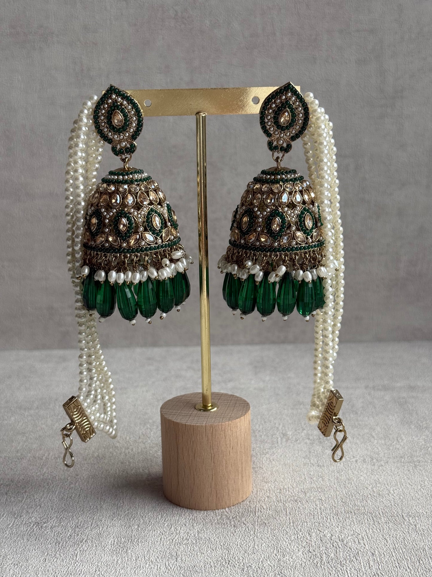 Ayura Designs Amrita Set – Jhumkis with Sahare & Tikka in Emerald Green Beads, Pearls and Antique Gold Finish