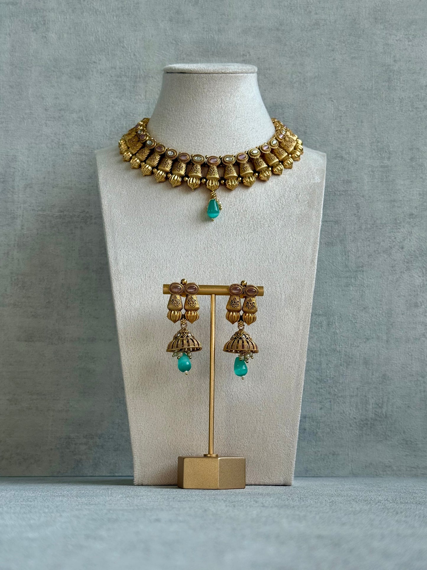Ayura Designs Aima Necklace Set with Earrings – Antique Gold with Blush Pink & Aqua Green Stones