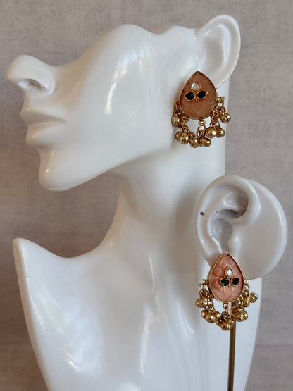 Ayura Designs Aykai Earrings – Champagne Peach Teardrop Stud Earrings with Clear Kundan Stones and Gold Ghungroo Drops