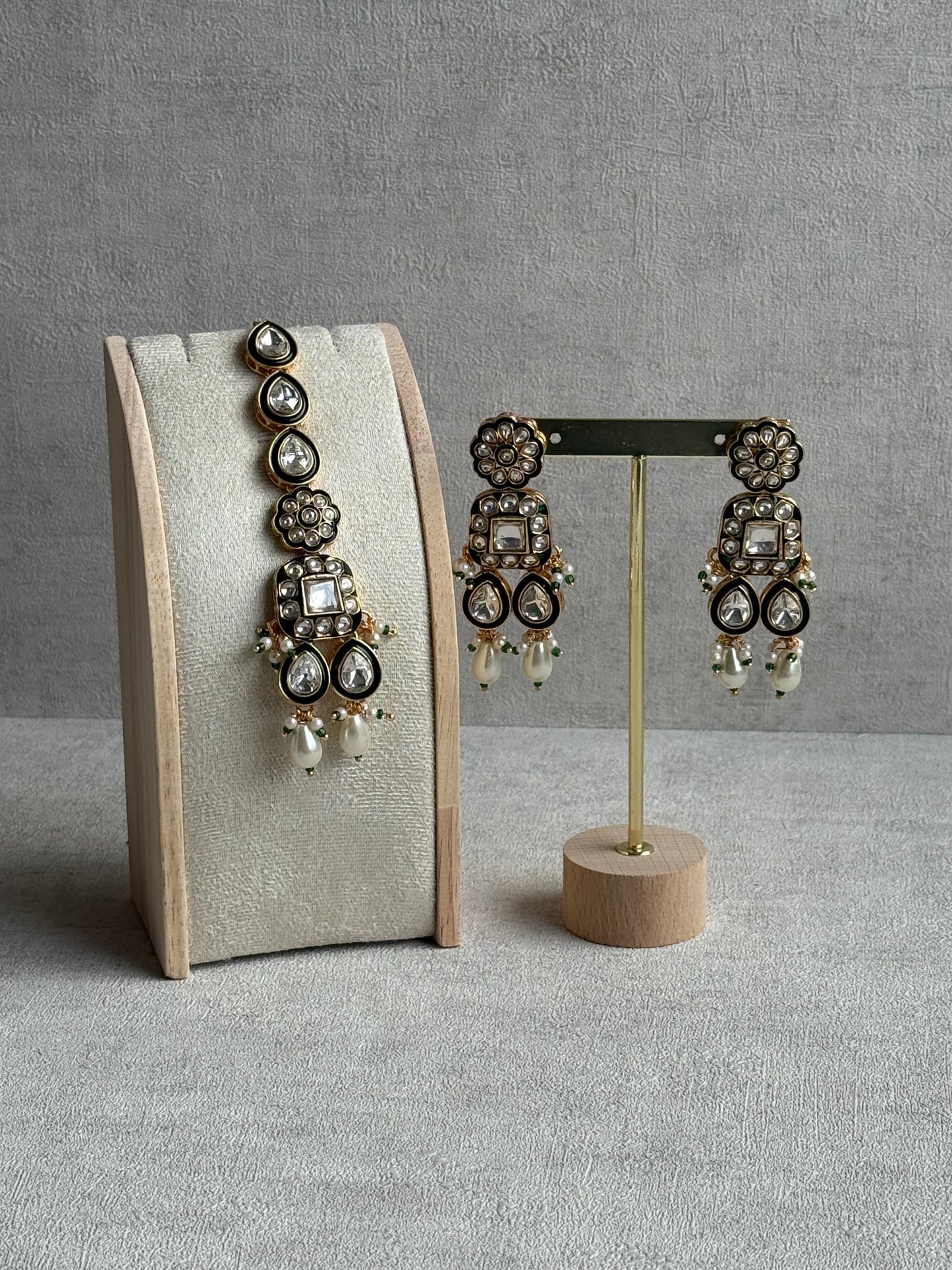 Ayura Designs Salma Set – Necklace, Earrings & Tikka with Mirror-Cut Kundan, Ivory Pearls, Emerald Green Meenakari & Gold Finish