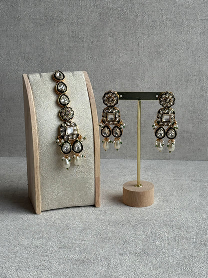 Ayura Designs Salma Set – Necklace, Earrings & Tikka with Mirror-Cut Kundan, Ivory Pearls, Emerald Green Meenakari & Gold Finish