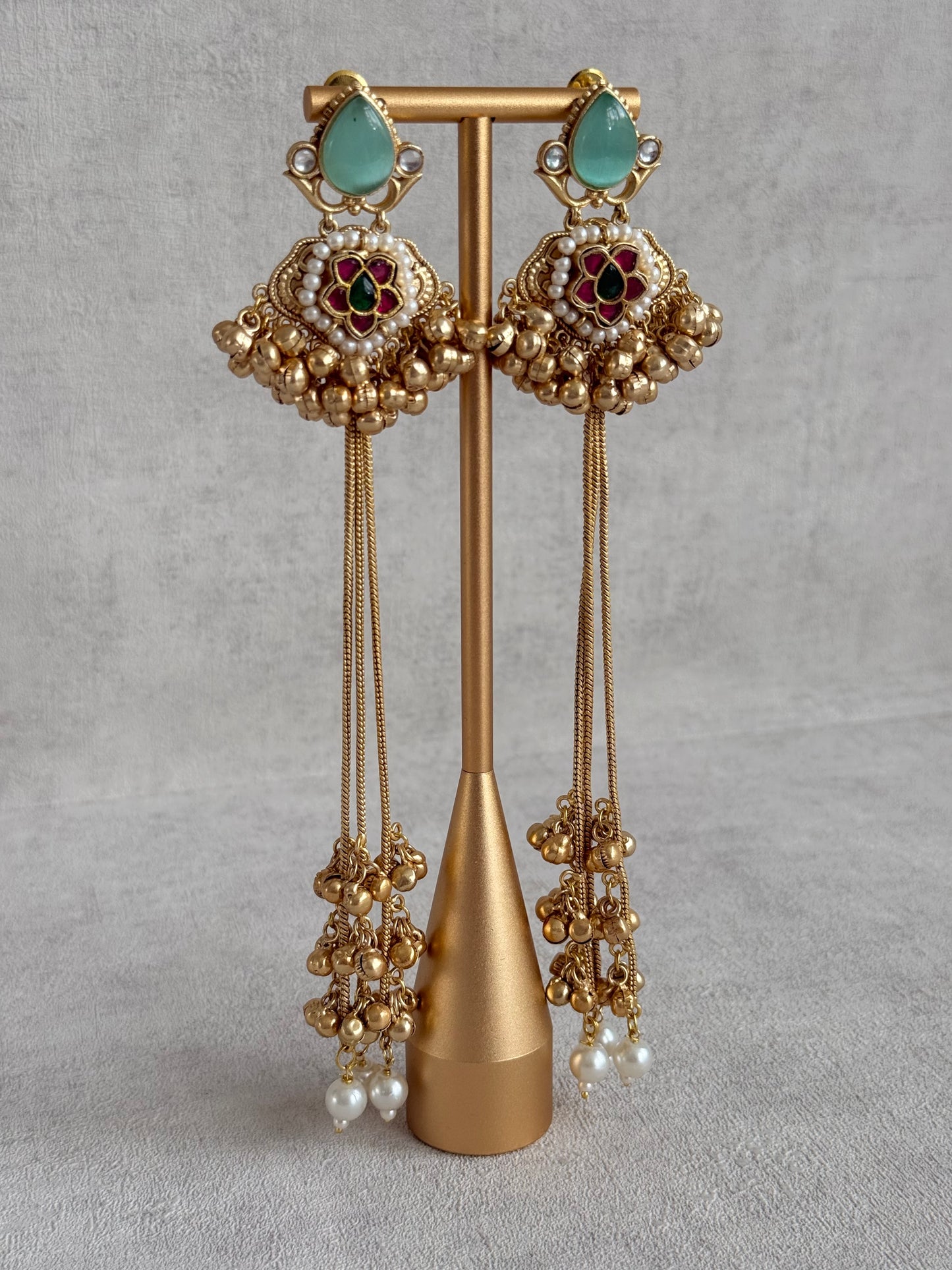 Ayura Designs Nishat Earrings – Kashmiri Duster Earrings with Mint Green Stones, Pearl Drops & Ghungroo Detailing