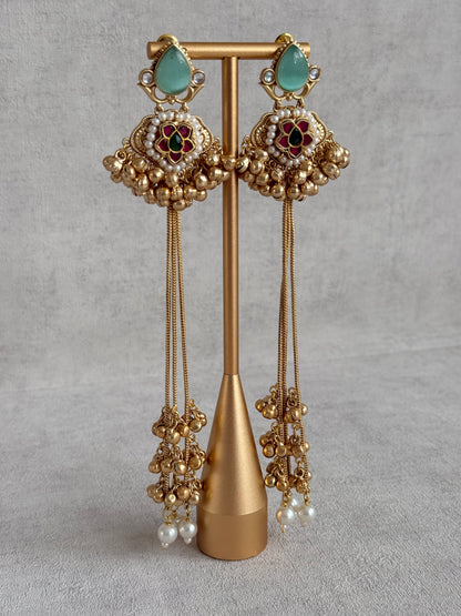 Ayura Designs Nishat Earrings – Kashmiri Duster Earrings with Mint Green Stones, Pearl Drops & Ghungroo Detailing