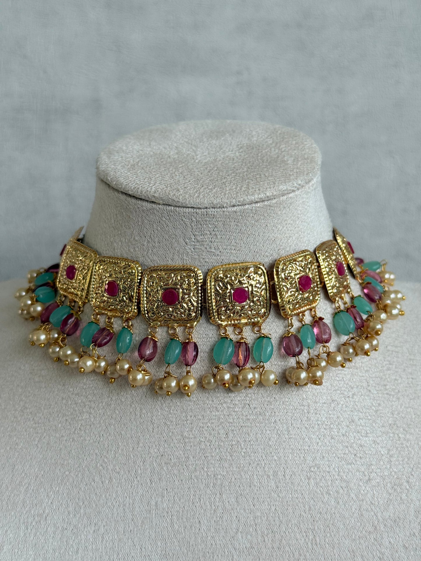 Ayura Designs Chetna Choker Set with Earrings & Tikka – Aqua & Rani Pink Beads, Cream Pearl Drops with Pipal Patti Detailing