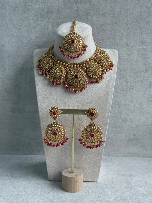 Ayura Designs Rummy Set – Statement Necklace, Earrings & Tikka with Rani Pink Beads and Polished Gold Finish