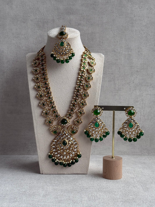 Ayura Designs Javeria Set with Earrings & Tikka – Emerald Green Stones, Mirror Kundan & Gold Finish