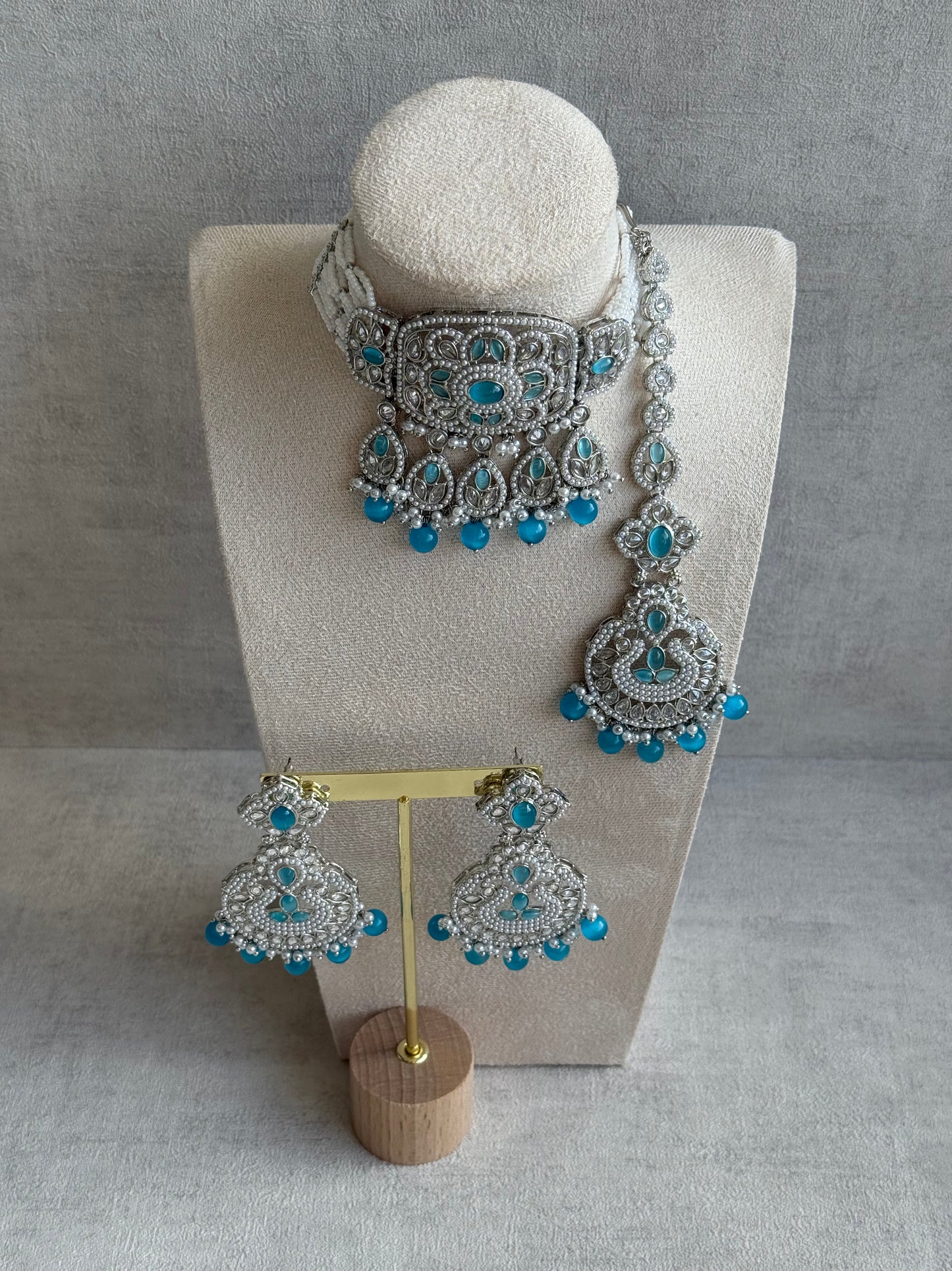 Ayura Designs Zarlish Set – Choker, Earrings & Tikka with Mirror-Cut Stones, Aqua Blue Beads & Silver Finish