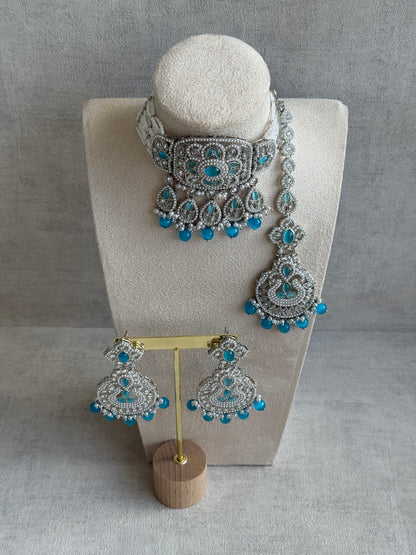 Ayura Designs Zarlish Set – Choker, Earrings & Tikka with Mirror-Cut Stones, Aqua Blue Beads & Silver Finish