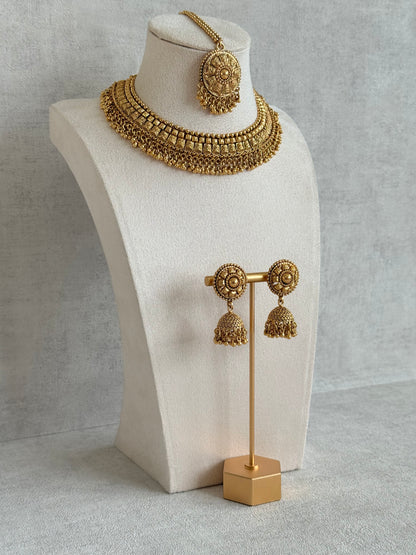 Ayura Designs Iksirat Necklace Set with Jhumkis & Tikka – Gold Heritage Design with Ghungroo Detailing