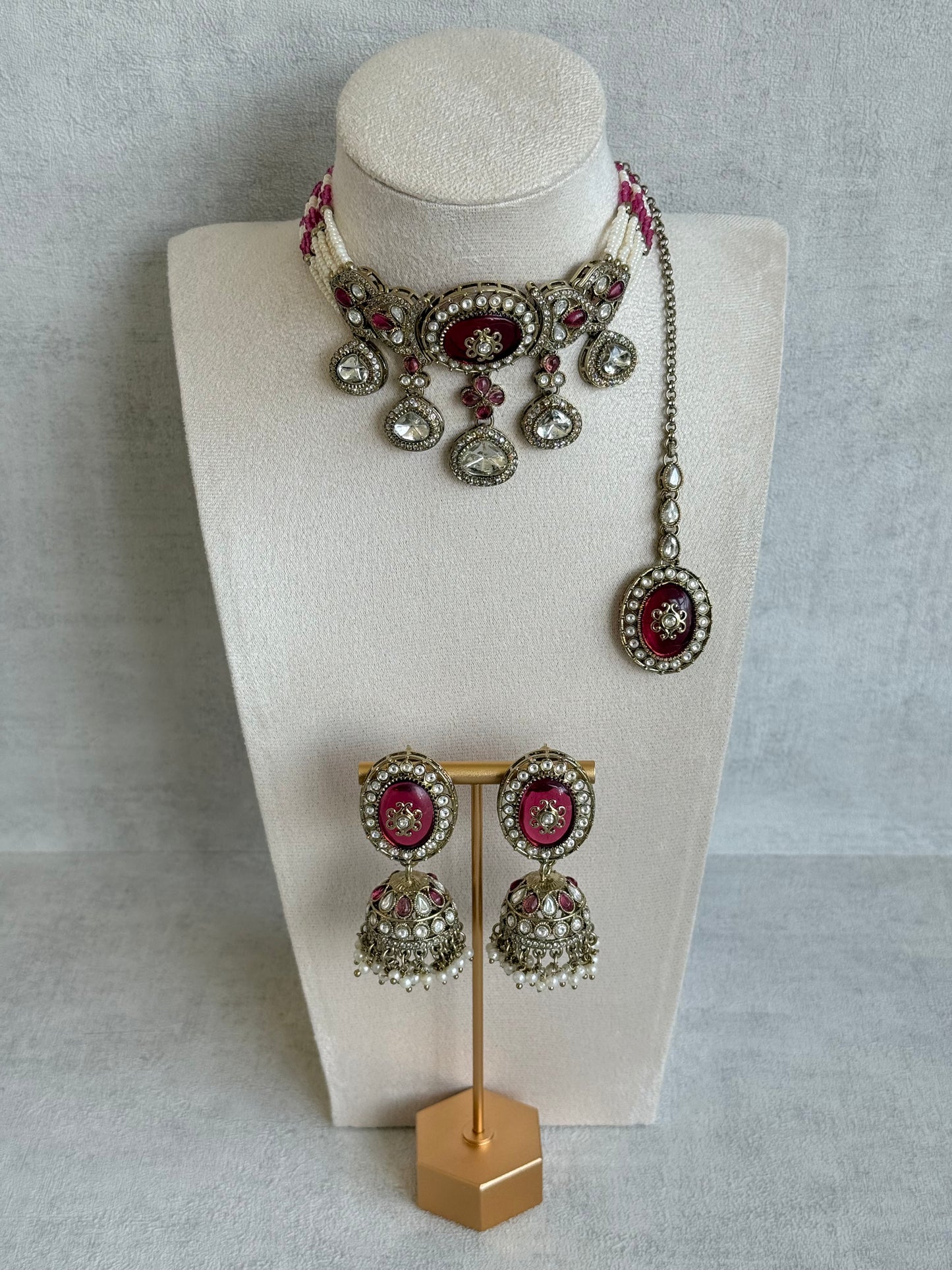 Ayura Designs Myra Choker Set with Earrings & Tikka – Ruby Pink Kundan & Pearl Detailing
