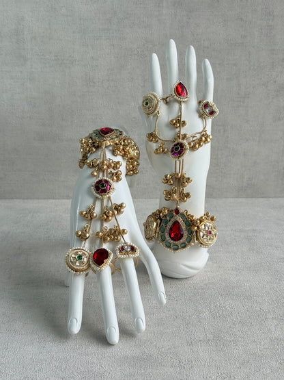 Ayura Designs Ekavira Haathphool Set of 2 – Kundan Style Hand Harness with Ruby Red, Rani Pink & Green Stones, Ghungroo Detailing & Pearls