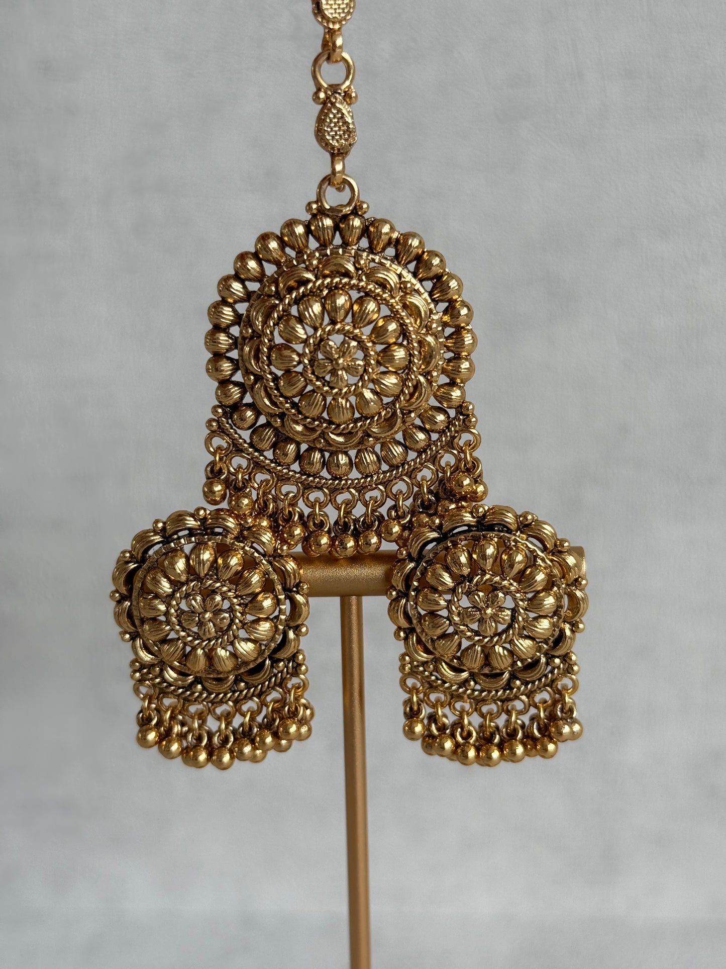 Ayura Designs Kimaya Choker Set with Earrings & Tikka – Gold Floral Waterfall Choker with Ghungroo Drops