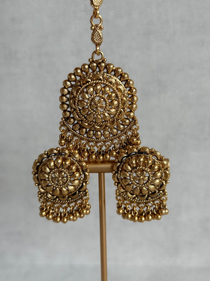 Ayura Designs Kimaya Choker Set with Earrings & Tikka – Gold Floral Waterfall Choker with Ghungroo Drops