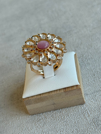 Ayura Designs Luisa Adjustable Ring – Blush Pink Centre Stone with Crystal Petal Detailing