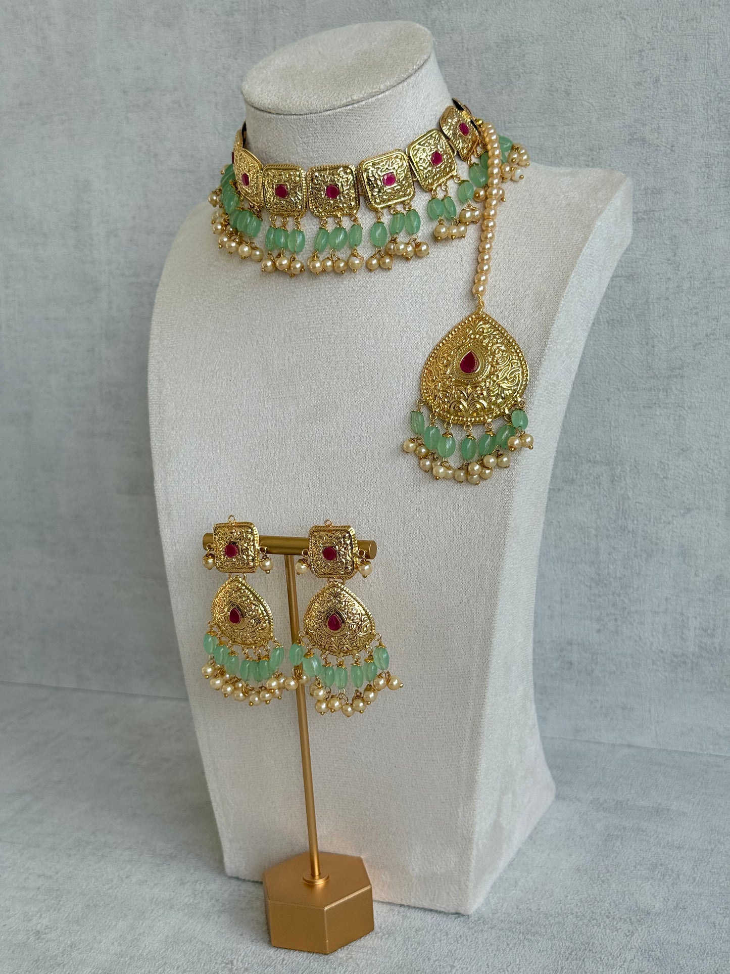 Ayura Designs Chetna Choker Set with Earrings & Tikka – Mint Green Beads, Cream Pearl Drops with Pipal Patti Detailing