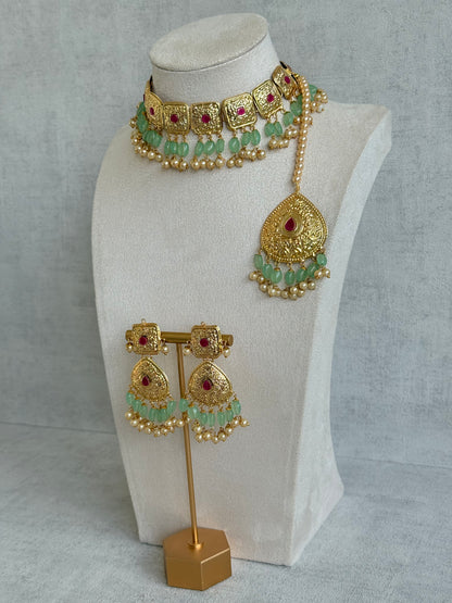 Ayura Designs Chetna Choker Set with Earrings & Tikka – Mint Green Beads, Cream Pearl Drops with Pipal Patti Detailing