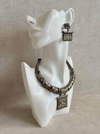 Ayura Designs Naina Necklace Set with Earrings – Dual Tone Oxidised Necklace with Bird Motifs, Black Stone Detailing & Statement Pendant