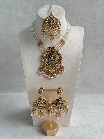Ayura Designs Afia Necklace Set with Earrings & Tikka – Antique Gold, Blush Pink Pearls, Green Centre Stone & Peacock Motifs