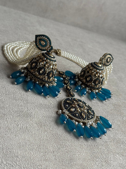 Ayura Designs Amrita Set – Jhumkis with Sahare & Tikka in Peacock Blue Beads, Pearls and Antique Gold Finish